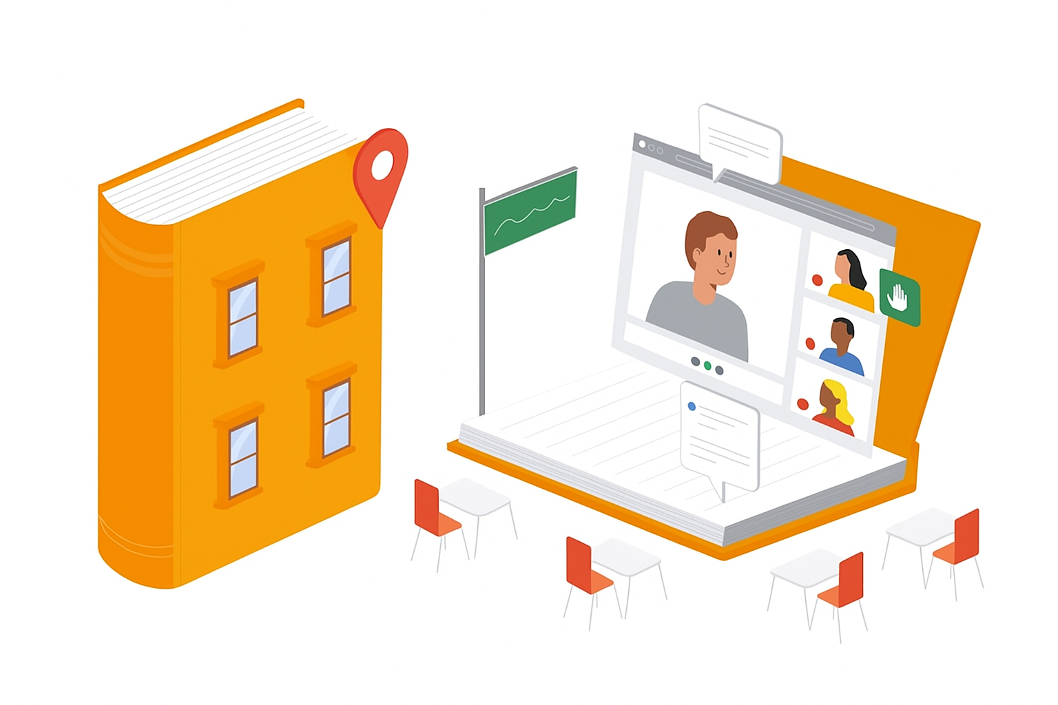 A blue building shaped like a book faces a virtual class taking place in an open yellow book that has red chairs around it. A student from the blue building interacts with their cohort in the video call.